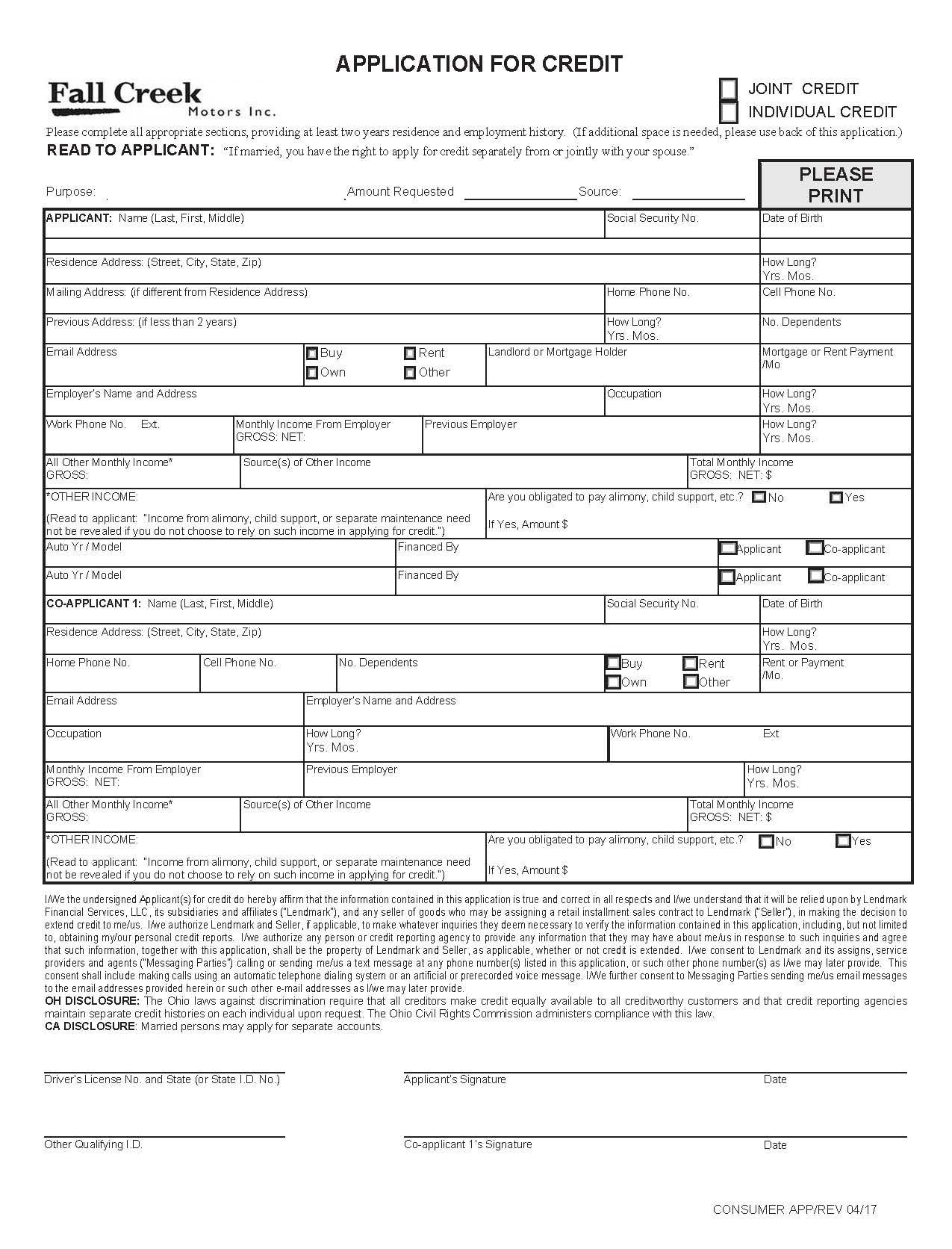 Fall Creek Motors printable credit application form